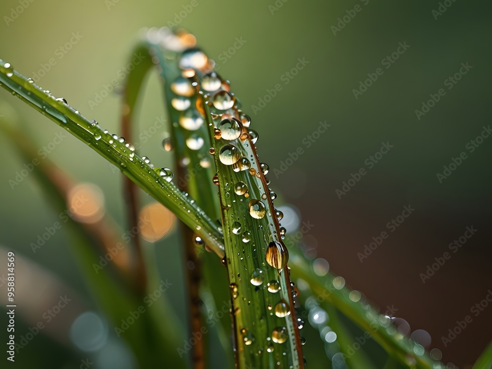 Dew Drops on Green Grass Blades Closeup Macro Photography Dew Drops on Green Grass Blades Closeup Macro Photography