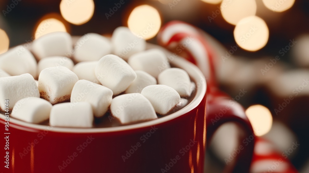 Hot chocolate with marshmallows in a festive mug steam rising cinnamon sticks and a candy cane on the side cozy and inviting warm light red and white palette Hot chocolate with marshmallows in a festive mug steam rising cinnamon sticks and a candy cane on the side cozy and inviting warm light red and white palette