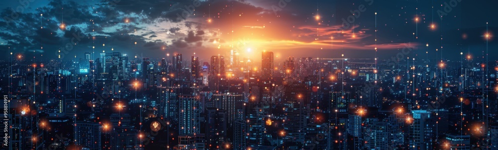 City with lots of lights on it at night, telecommunication industry, banner, copy space City with lots of lights on it at night, telecommunication industry, banner, copy space