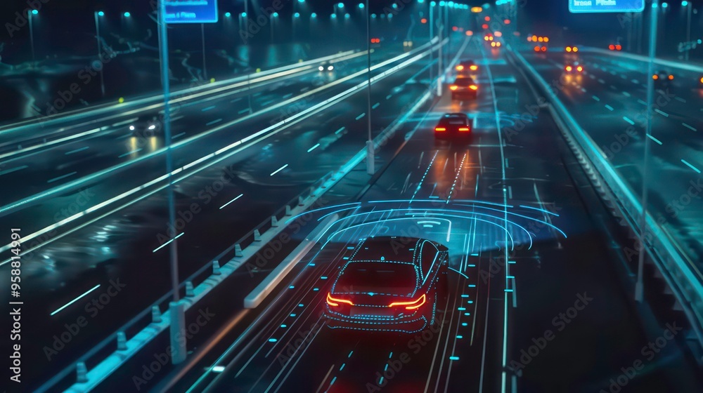 A self-driving car navigates a highway at night, its sensors illuminated with blue light, indicating the car's awareness of its surroundings. A self-driving car navigates a highway at night, its sensors illuminated with blue light, indicating the car's awareness of its surroundings.