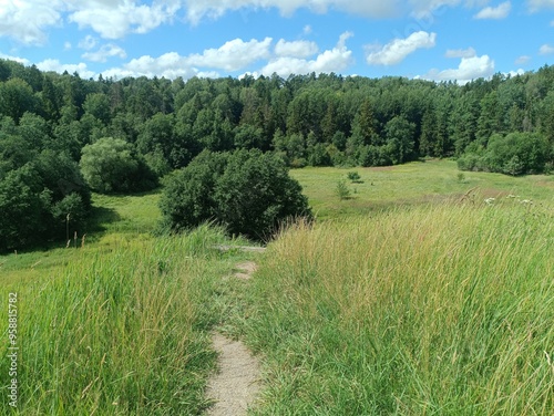 Bubiai hill during sunny day. Small hill. Grass is growing on hill. Staircase leading to the top. Sunny day with white and gray clouds in sky. Nature. Bubiu piliakalnis. photo