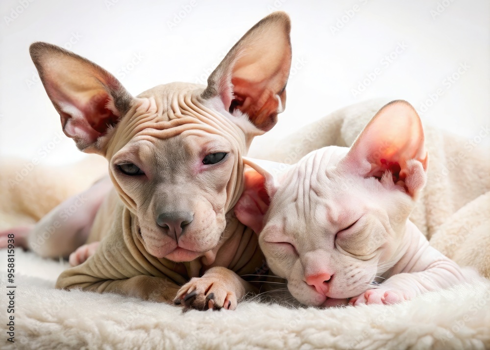 Adorable hairless cat and dog duo cuddle together, showcasing their sleek, wrinkled skin, as they snooze peacefully on a soft, white background. Adorable hairless cat and dog duo cuddle together, showcasing their sleek, wrinkled skin, as they snooze peacefully on a soft, white background.