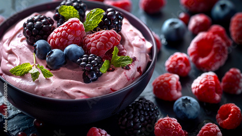 Delightful summer dessert bowl brimming with fresh berries and whipped cream