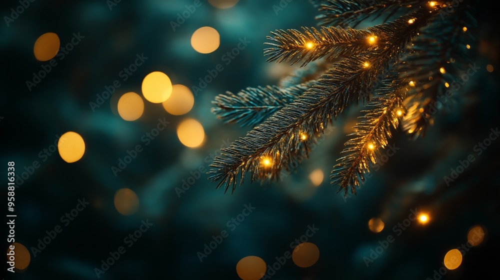 Christmas light with conifer twig sway in wind at night with bokeh light Christmas light with conifer twig sway in wind at night with bokeh light