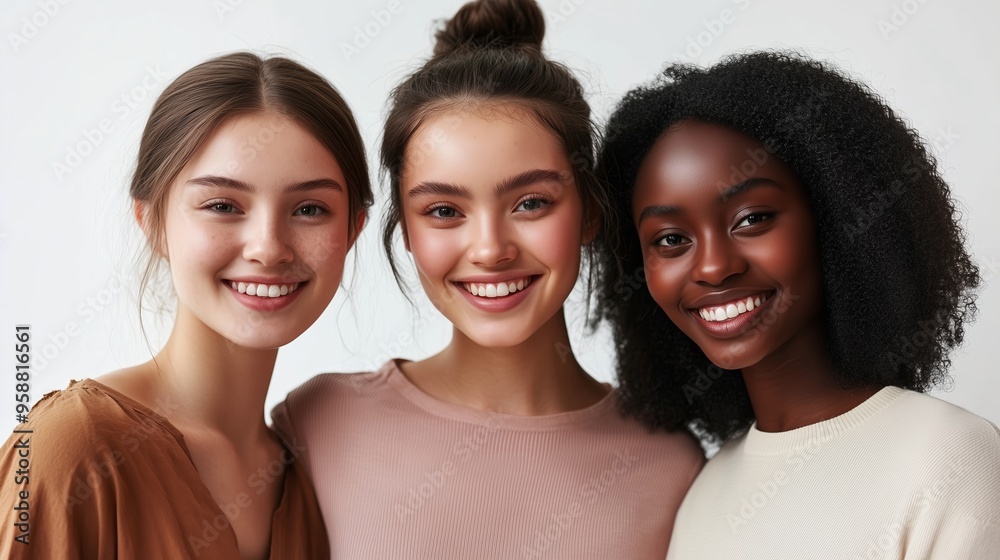 Three young women smiling together in a studio setting during daytime, showcasing diverse beauty and friendship Three young women smiling together in a studio setting during daytime, showcasing diverse beauty and friendship