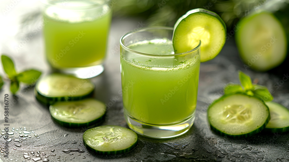 Refreshing cucumber drink with mint garnishing on a rustic table Refreshing cucumber drink with mint garnishing on a rustic table