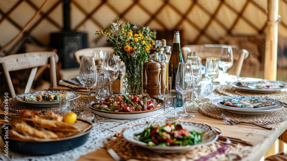A beautifully set dining table inside a yurt, with a complete meal and stylish tableware.