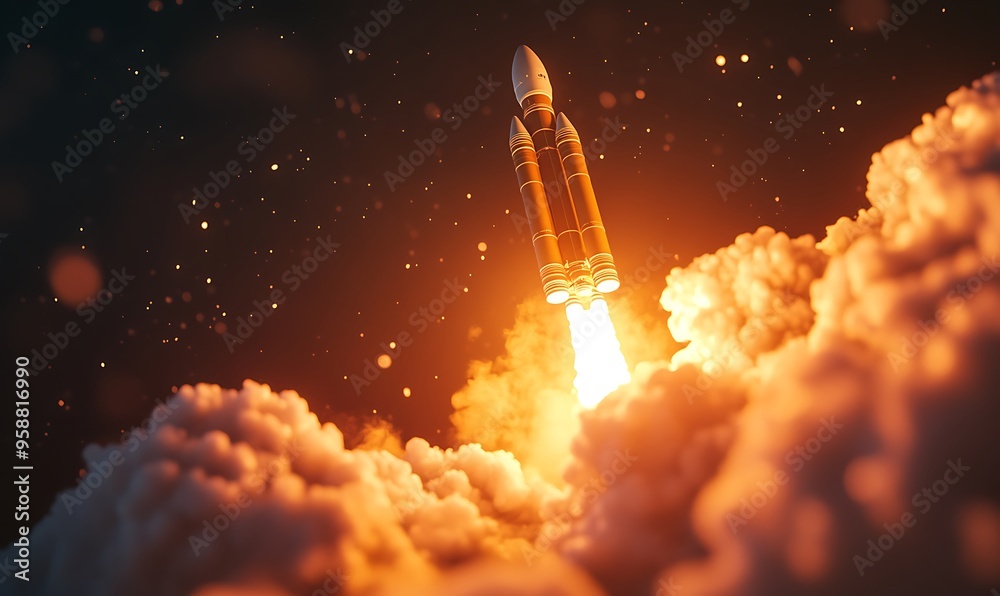 Fototapeta premium A Rocket Launching Through Orange Clouds And Stars