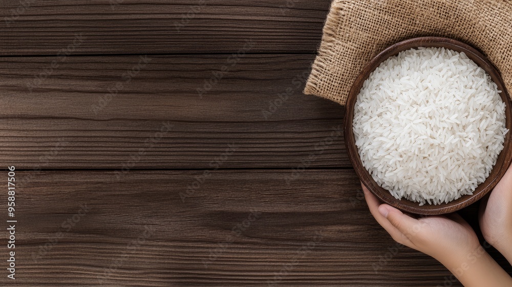 Hands gently cradle a bowl filled with long-grain white rice amid a rustic wooden table and burlap, providing a warm atmosphere perfect for culinary design Hands gently cradle a bowl filled with long-grain white rice amid a rustic wooden table and burlap, providing a warm atmosphere perfect for culinary design