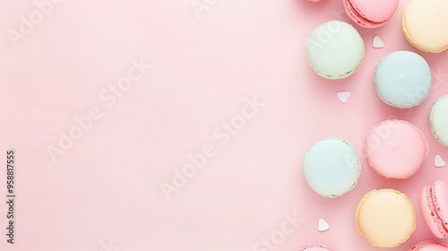 Soft pink background with colorful macarons scattered along right side in minimalistic style, pastel shades blue, pink, yellow create sweet and delicate, desserts, sweetness, French confections. photo
