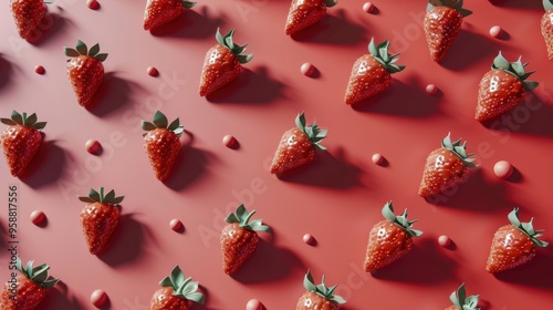 Fresh strawberries scattered across a vibrant red background in minimalistic style. Bright red strawberries with green leaves create an appealingม appetizing patternม healthy eating, and summer. photo
