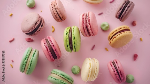 Wallpaper Mural Colorful macarons scattered on a soft pink background in a playful arrangement. Varieties include green, pink, purple, and yellow, creating vibrant and joyful, treats, fun, indulgence. Torontodigital.ca