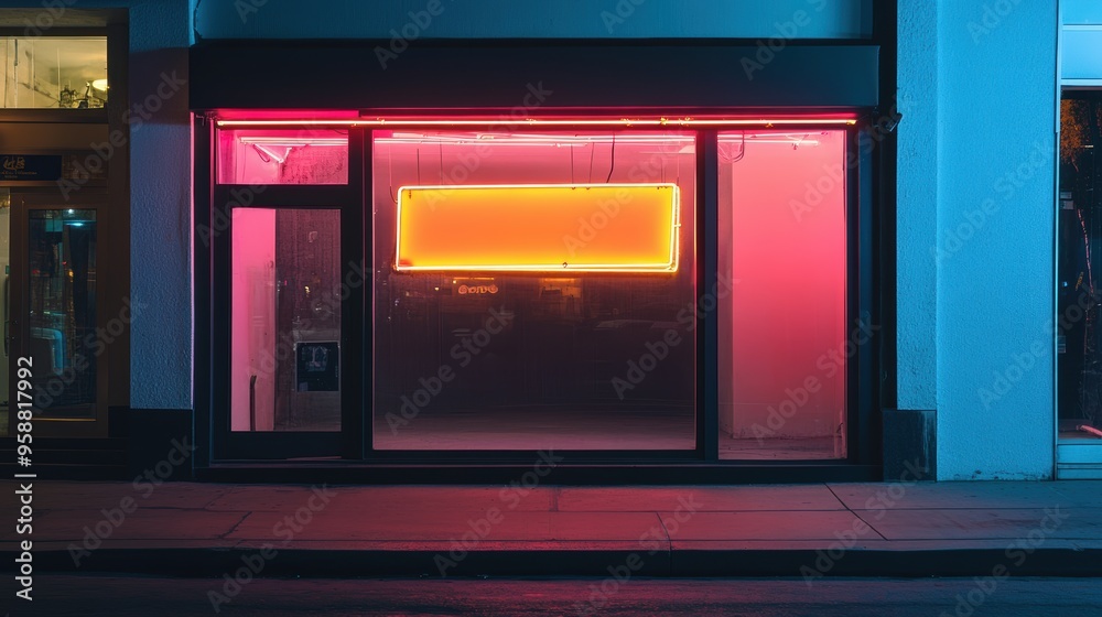 A vibrant storefront illuminated by neon lights, showcasing an empty space with a glowing sign, ideal for showcasing nightlife themes. A vibrant storefront illuminated by neon lights, showcasing an empty space with a glowing sign, ideal for showcasing nightlife themes.
