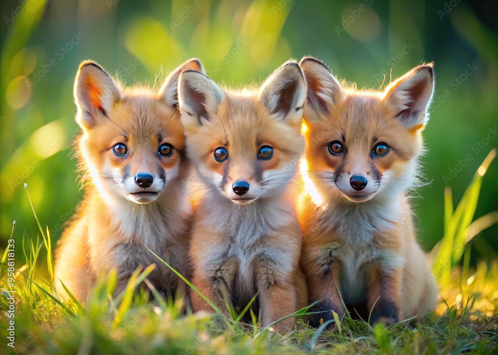 Adorable trio of curious fox kits with fluffy orange fur, big round eyes, and tiny paws, snuggle and play together in a sunny meadow. Adorable trio of curious fox kits with fluffy orange fur, big round eyes, and tiny paws, snuggle and play together in a sunny meadow.
