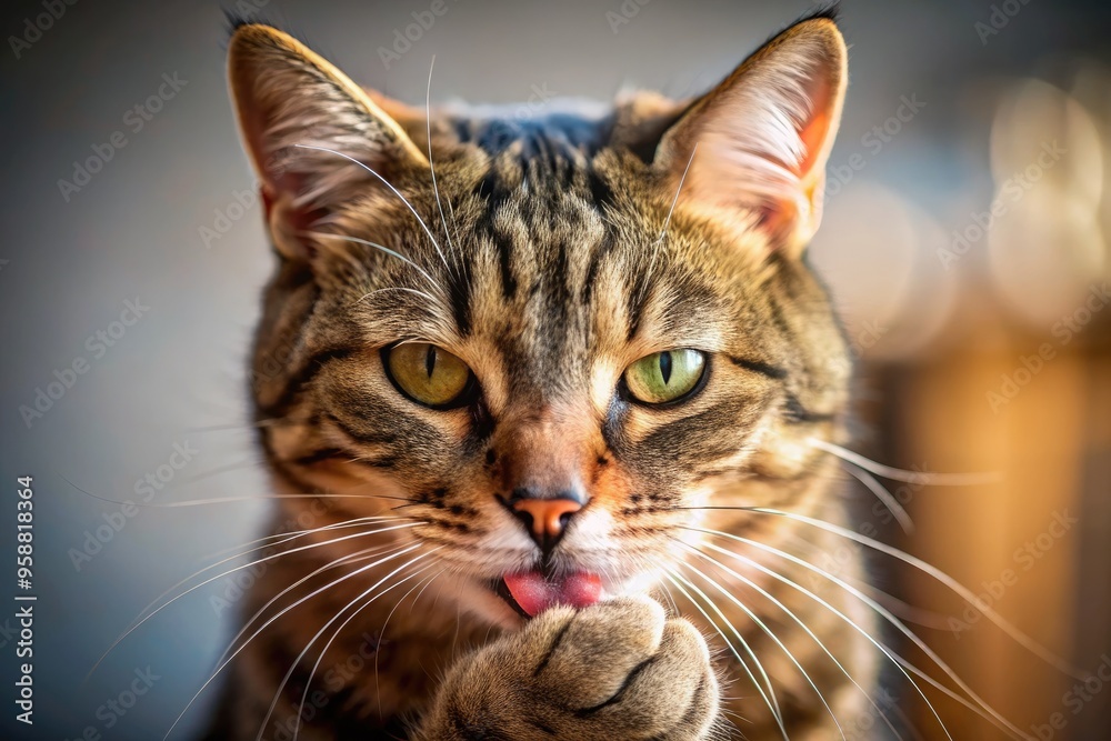 Adorable whiskered feline intently licks paw, smooths whiskers, and smacks lips, exhibiting satisfied contentment in a warm, cozy, and intimate close-up portrait. Adorable whiskered feline intently licks paw, smooths whiskers, and smacks lips, exhibiting satisfied contentment in a warm, cozy, and intimate close-up portrait.