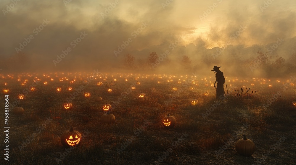 Fototapeta premium Pumpkin Patch at Dusk with Glowing Jack-o'-Lanterns and a Scarecrow Surrounded by Mist