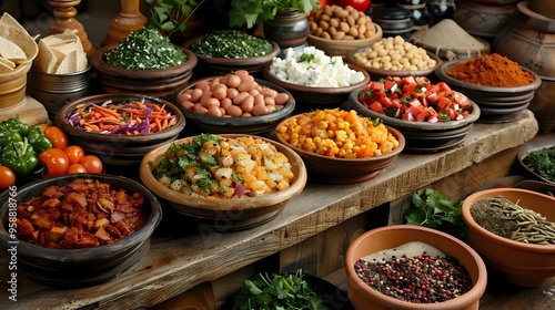 olorful display of assorted spices, legumes, and fresh vegetables in rustic wooden bowls, creating a vibrant and inviting culinary scene. Ideal for food photography, healthy eating concepts