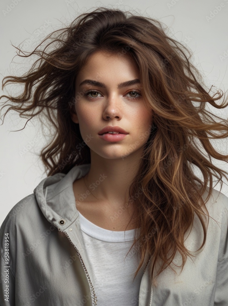 beautiful young woman with messy hair wearing street style clothes beautiful young woman with messy hair wearing street style clothes