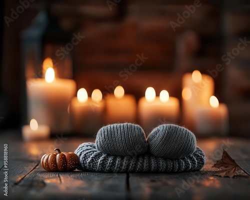 Witch s familiar knitting spooky Halloween mittens in a haunted house, glowing candles all around, Halloween knitting, magical animal craft photo