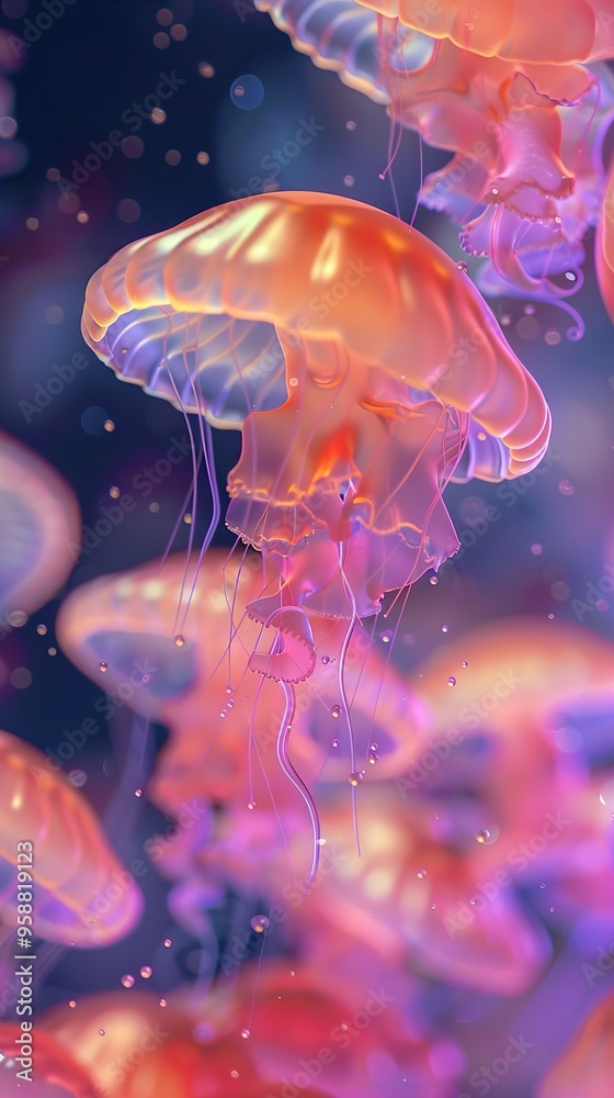 A group of jellyfish swim in a colorful, abstract, underwater environment.