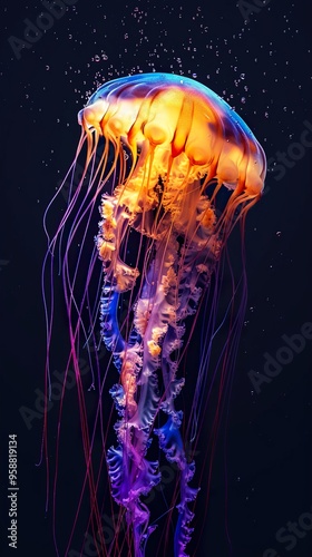 A vibrant, bioluminescent jellyfish with long, flowing tentacles against a dark background.