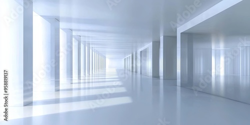 A long, white hallway with a bright light at the end. The walls and floor are all white, creating a sense of openness and space. 