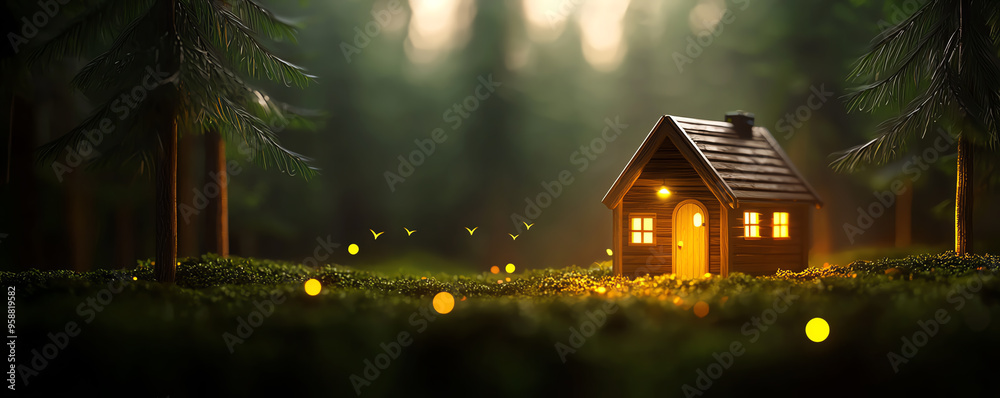 A charming, illuminated cabin nestled in a lush forest, surrounded by enchanting fireflies dancing in the soft twilight. A charming, illuminated cabin nestled in a lush forest, surrounded by enchanting fireflies dancing in the soft twilight.