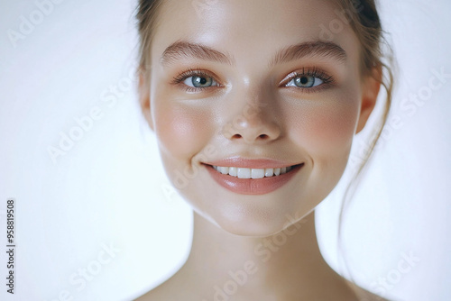 A beautiful woman close-up, facial skin care display