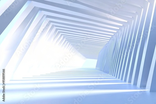 Abstract perspective view of a white corridor with bright light at the end.