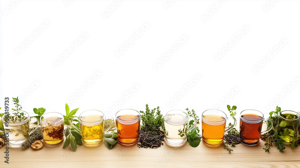 Assorted herbal teas in glass jars and bowls, displayed with fresh herbs on a rustic wooden table, representing natural wellness and holistic health. Assorted herbal teas in glass jars and bowls, displayed with fresh herbs on a rustic wooden table, representing natural wellness and holistic health.