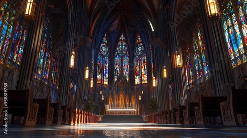 Majestic church interior with vibrant stained glass windows and serene atmosphere.