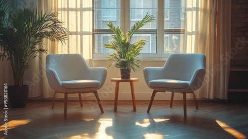 Cozy modern interior with chairs and plants