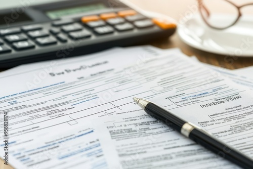 Close-up of tax forms, pen, and calculator on a desk. Essential tools for financial planning and tax preparation.