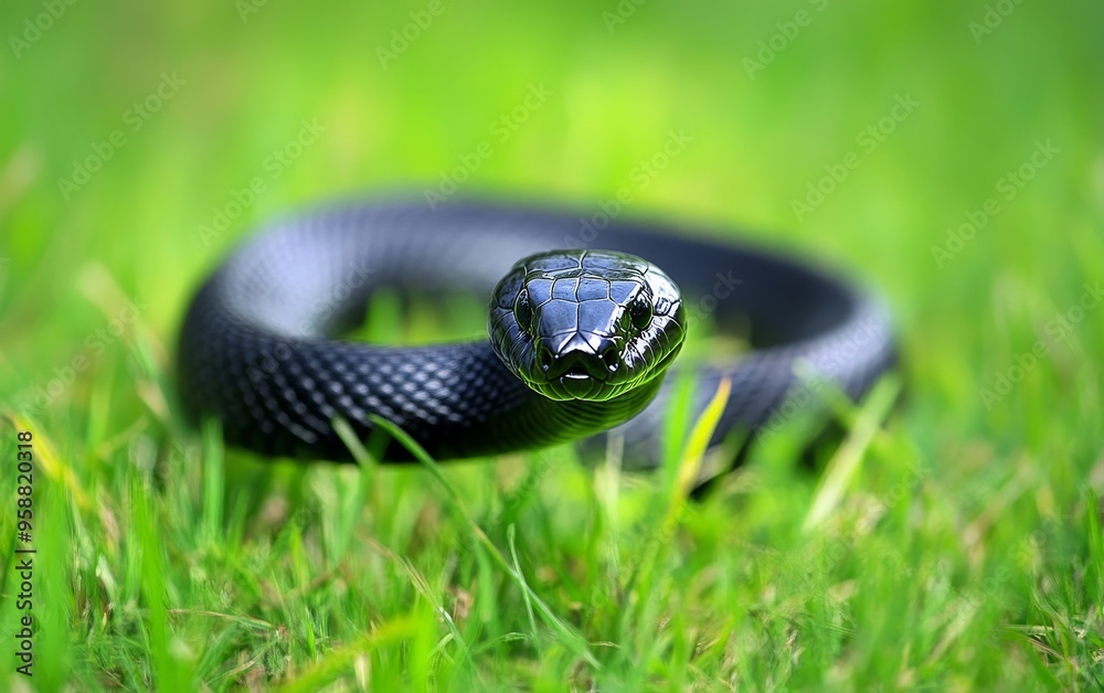 Obraz premium A sleek black snake with glossy scales coils through vibrant green grass, its head raised and eyes focused, creating a striking contrast of colors