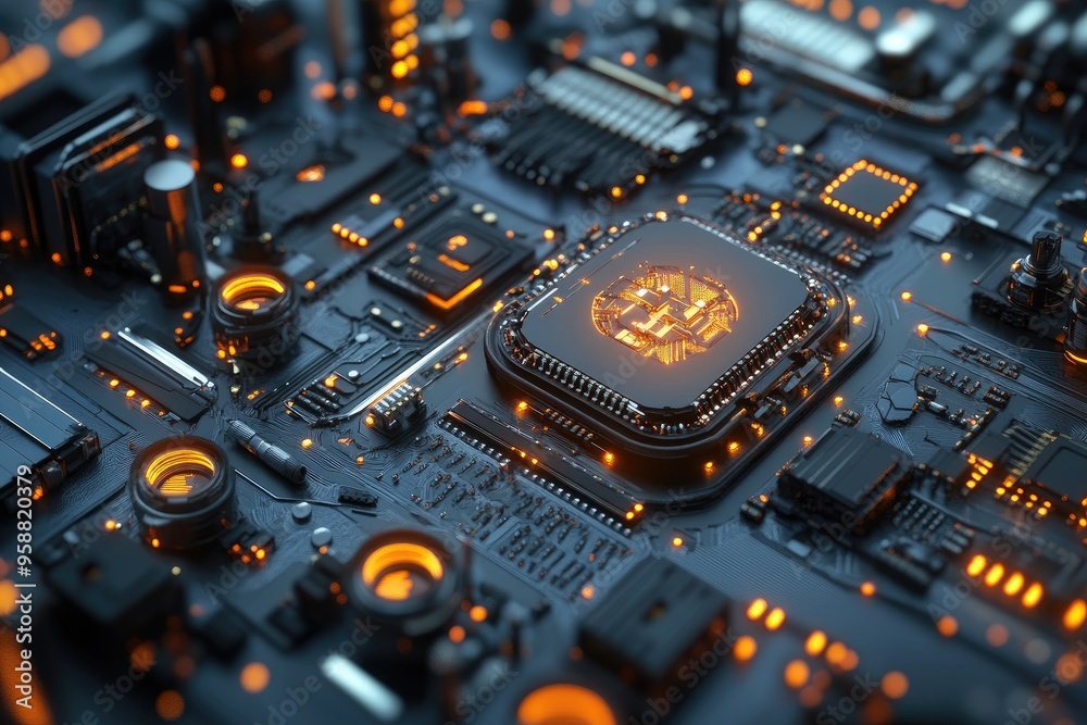 Close-up of a high-tech circuit board showcasing intricate details and glowing orange elements, perfect for tech-related visuals. Close-up of a high-tech circuit board showcasing intricate details and glowing orange elements, perfect for tech-related visuals.