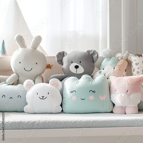 Colorful plush toys arranged on a cozy bed, perfect for children's rooms, adding a sense of warmth and comfort.