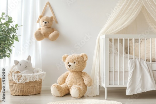 Cozy nursery featuring plush teddy bears, soft decor, and a serene atmosphere perfect for a child's bedroom. photo