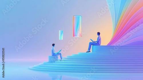 A group of students in a futuristic library, each reading from floating holographic health encyclopedias, soft blue lighting, detailed illustration