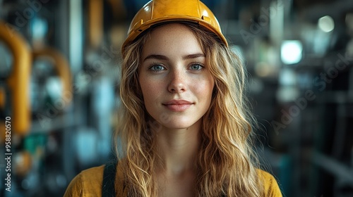 Fototapeta Naklejka Na Ścianę i Meble -  a portrait of an industrial woman engineer standing in a factory copy space