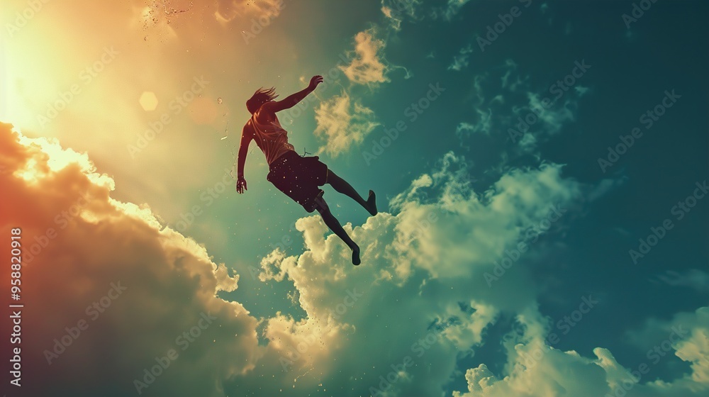 custom made wallpaper toronto digitalA silhouetted person falling through a dramatic sky with bright sun in the distance.