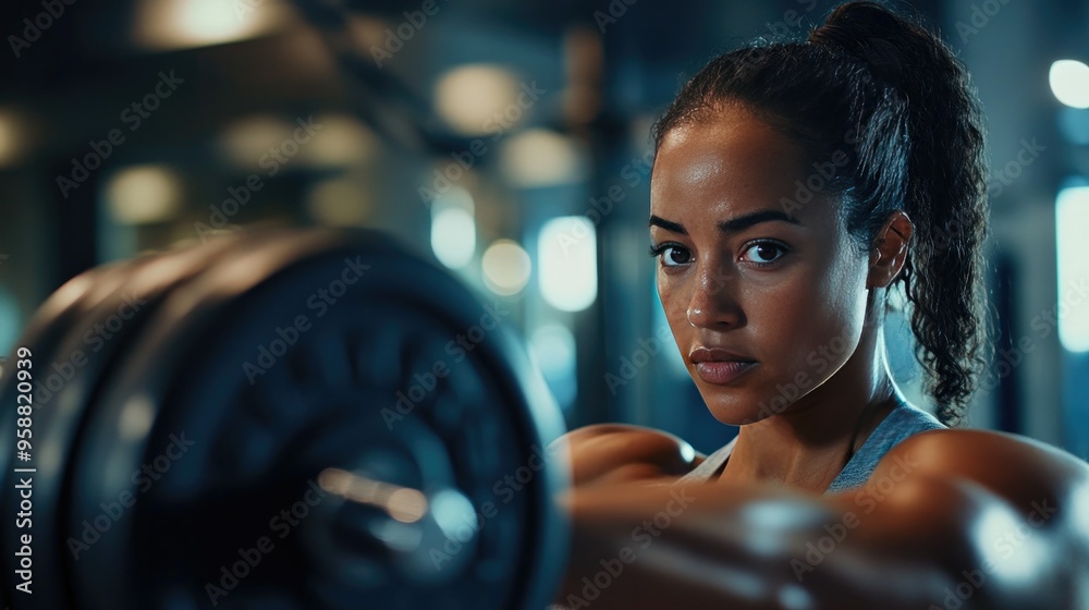 A focused woman lifting weights in a modern gym, emphasizing strength and determination in her fitness routine. A focused woman lifting weights in a modern gym, emphasizing strength and determination in her fitness routine.