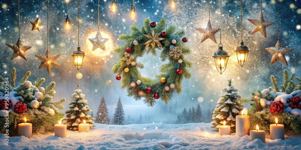 A festive holiday scene with snowflakes gently falling on a serene winter wonderland backdrop, adorned with sparkling lights, wreaths, and ornaments. A festive holiday scene with snowflakes gently falling on a serene winter wonderland backdrop, adorned with sparkling lights, wreaths, and ornaments.