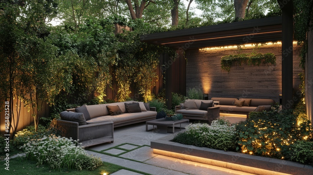 A serene outdoor patio with comfortable seating, greenery, and soft lighting, blending nature with interior design for a relaxing space. A serene outdoor patio with comfortable seating, greenery, and soft lighting, blending nature with interior design for a relaxing space.