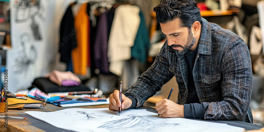 Naklejka premium Stylish Hispanic fashion designer sketching out clothing designs on a model