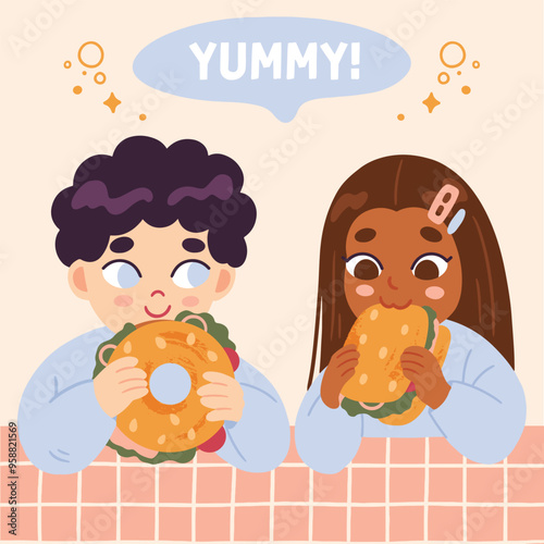 Kids eat sandwich and bagel