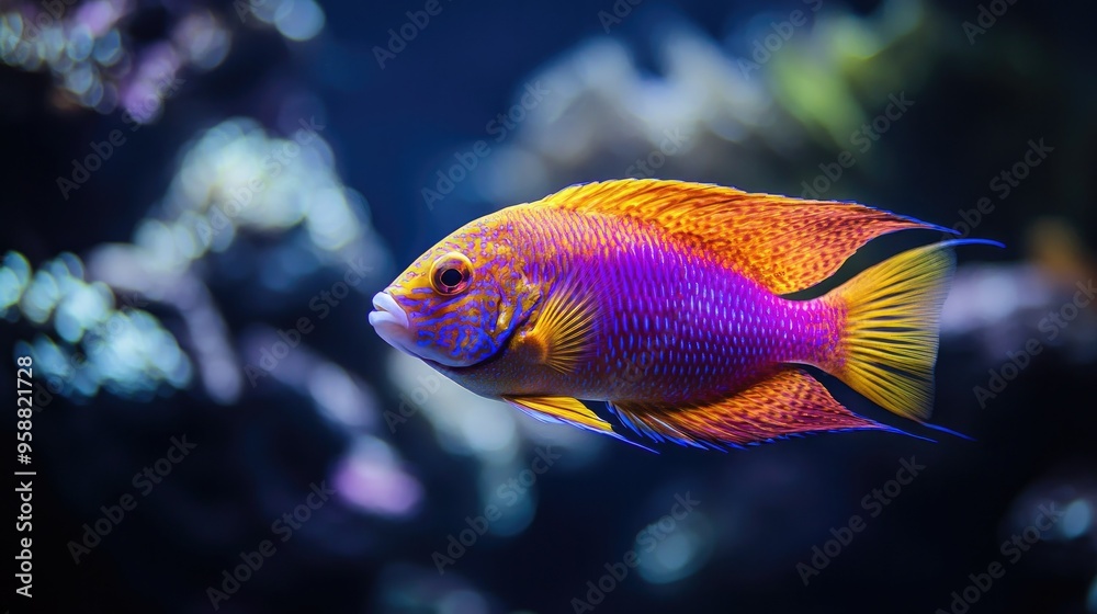 A striking contrast of a lone, vivid fish against the backdrop of a dark, mysterious aquarium, highlighting the fish radiant colors. A striking contrast of a lone, vivid fish against the backdrop of a dark, mysterious aquarium, highlighting the fish radiant colors.