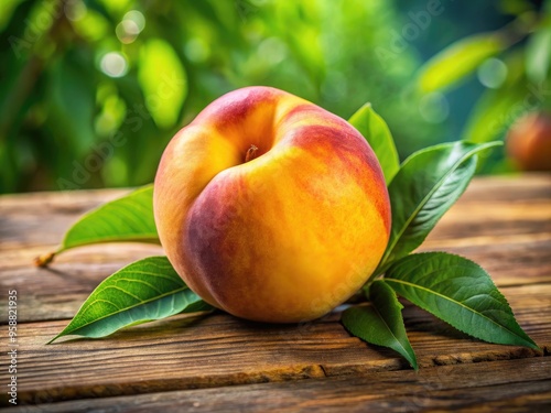 A freshly harvested, vibrant yellow peach with a velvety skin and prominent flat pit, lying on a rustic wooden table surrounded by lush green leaves. photo