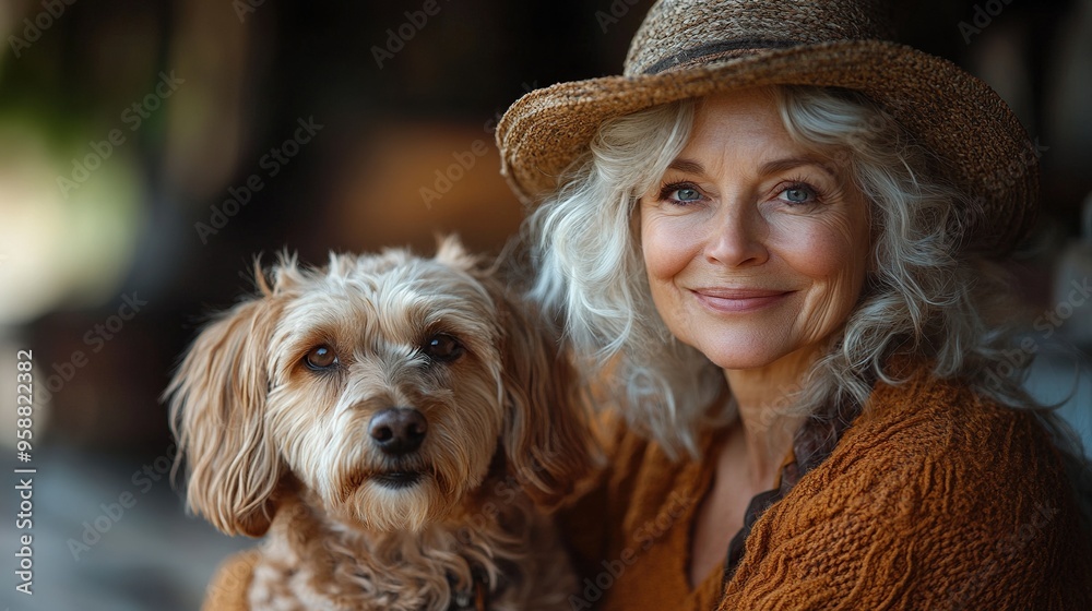 a senior woman with a dog sitting outdoors on a terrace in summer a senior woman with a dog sitting outdoors on a terrace in summer