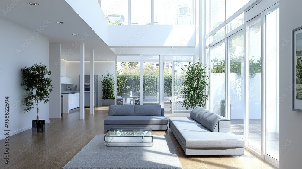 Fototapeta premium Modern apartment interior design with a sleek open-plan living area, featuring a minimalist grey sofa, glass coffee table, and large windows for natural light.