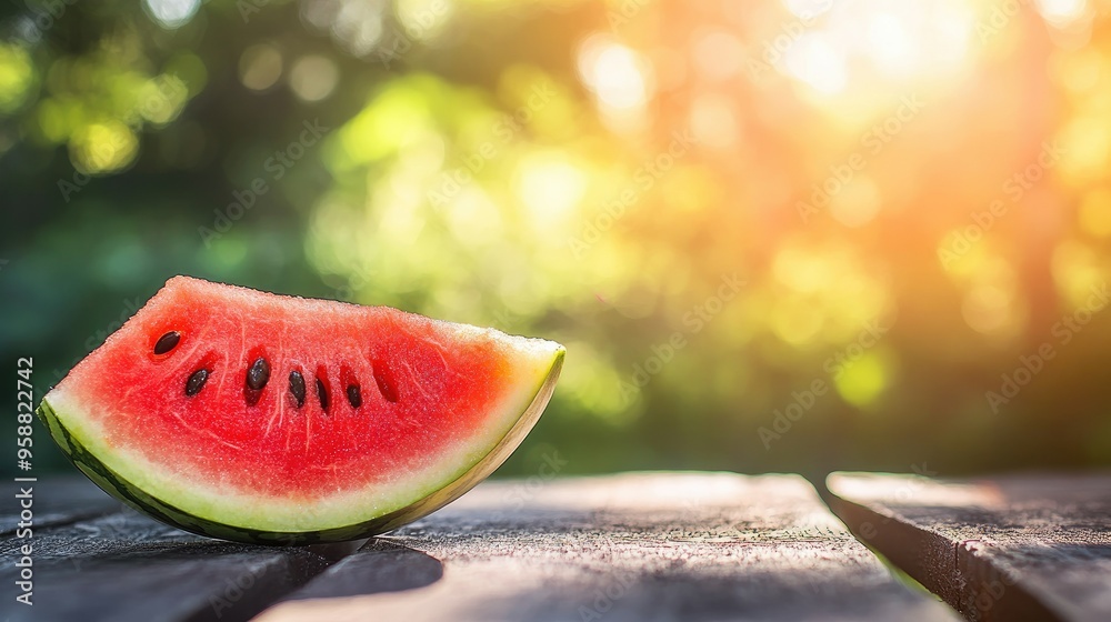A close-up of a juicy watermelon slice with seeds, placed on a picnic table in the sunlight, evoking memories of summer picnics and outdoor gatherings. A close-up of a juicy watermelon slice with seeds, placed on a picnic table in the sunlight, evoking memories of summer picnics and outdoor gatherings.